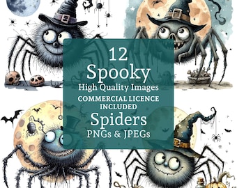 Spooky Spiders Clipart 12 PNGs/JPGS, Funny Insect Designs, Humorous Halloween Art Whimsical Spiders COMMERCIAL USE Digital Download | AR0711