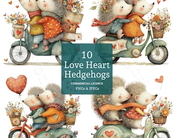 Quirky Hedgehog Clip Art, Watercolour Valentine Animal Graphics, 10 PNGs/JPGs, Card Making, Junk Journal, Digital Download, Commercial Use