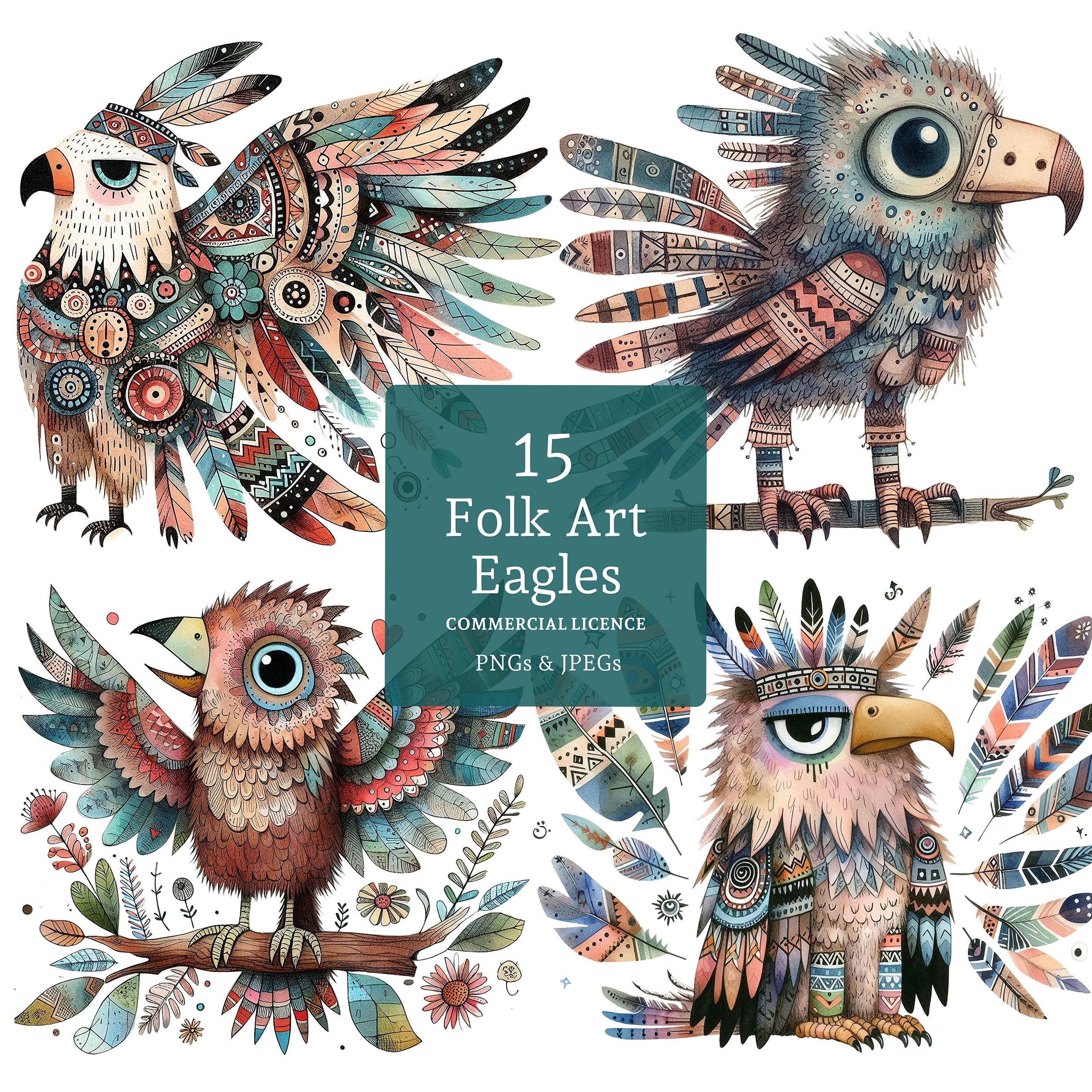 Folk Art Eagle Clipart Set 15 Pngs/jpgs, Native American Clipart ...
