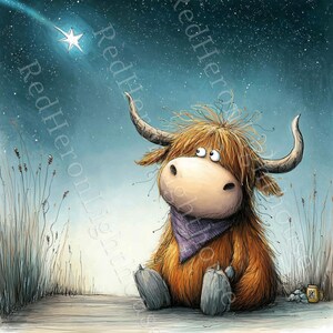 May include: A whimsical illustration of a Highland cow gazing at a shooting star in a starry night sky. The cow has shaggy orange fur, large horns, and a purple bandana. A small mug sits nearby.