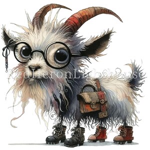 May include: A watercolor illustration of a goat wearing round glasses, a brown satchel, and boots. The goat has a long, curly beard and a fluffy tail. The goat is standing on a white background.