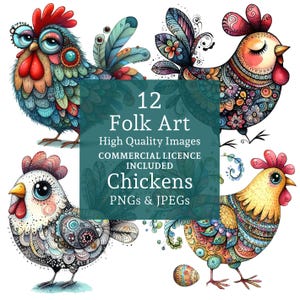 Clipart poulet & coq, 12 PNG/JPGS de haute qualité, art folklorique drôle oiseaux, animaux de la ferme insolites, usage commercial, téléchargement numérique | AR0730-1