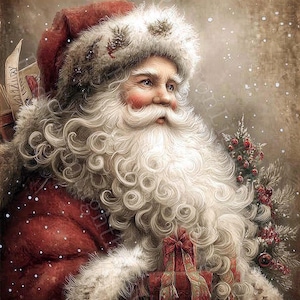 May include: A digital painting of Father Christmas, shown from the chest up, with a long, white beard and rosy cheeks. He wears a red hat with white trim and a red coat. He holds a wrapped gift and a sprig of greenery.