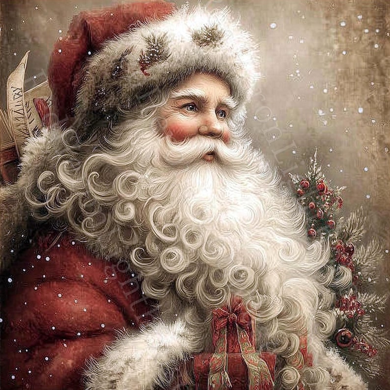 May include: A digital painting of Father Christmas, shown from the chest up, with a long, white beard and rosy cheeks. He wears a red hat with white trim and a red coat. He holds a wrapped gift and a sprig of greenery.