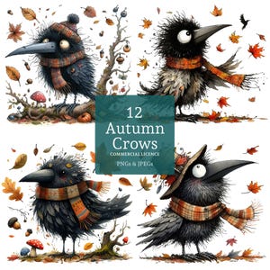 Autumn Crow Clipart, 12 PNGs/JPGs, Quirky Ravens, Funny Bird Images, Bird Lover Art, Card Making, Fall Journaling, COMMERCIAL USE | AR1007-1