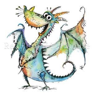May include: A whimsical watercolor painting of a green, blue, and orange dragon with large eyes and a wide open mouth. The dragon has spiky horns and a long, curled tail.