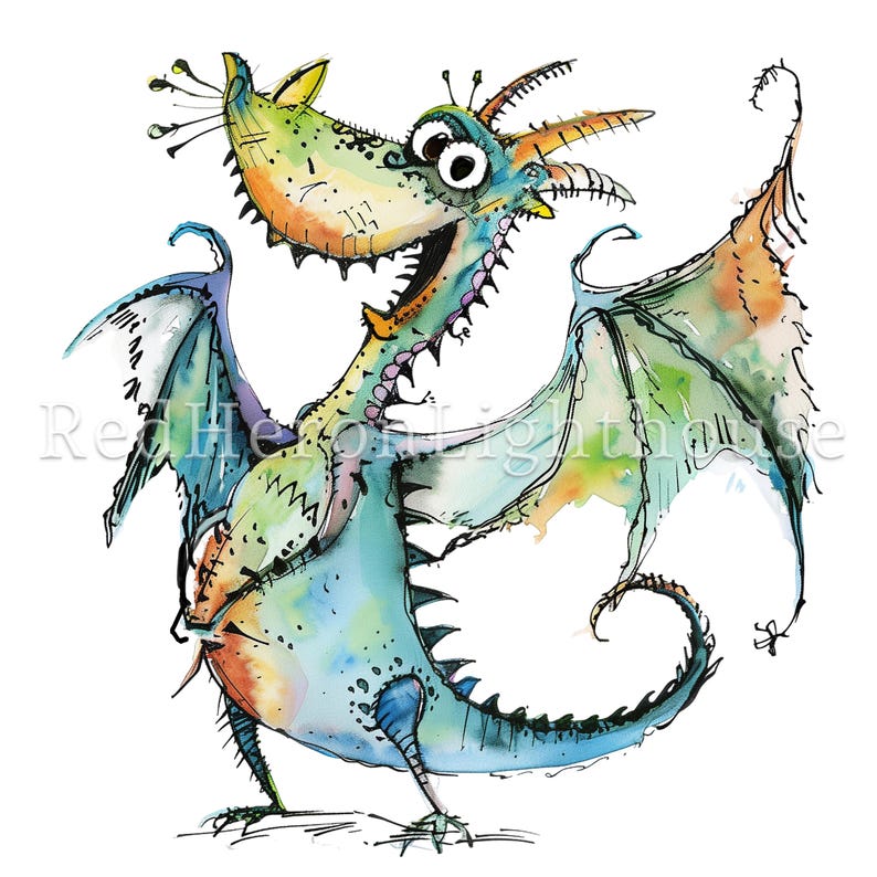 May include: A whimsical watercolor painting of a green, blue, and orange dragon with large eyes and a wide open mouth. The dragon has spiky horns and a long, curled tail.