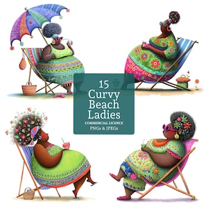 Curvy Beach Lady Clipart, 15 wysokiej jakości PNG/JPG, Quirky Black Women Clipart, Paper/Digital Craft, Junk Journal UŻYCIE KOMERCYJNE | BR0606-1