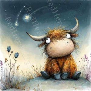 May include: A whimsical watercolor illustration of a Highland cow with large eyes, sitting on a small hill. The cow is brown and orange with large horns, gazing at a starry night sky with shooting stars. Wildflowers and grass are in the foreground.