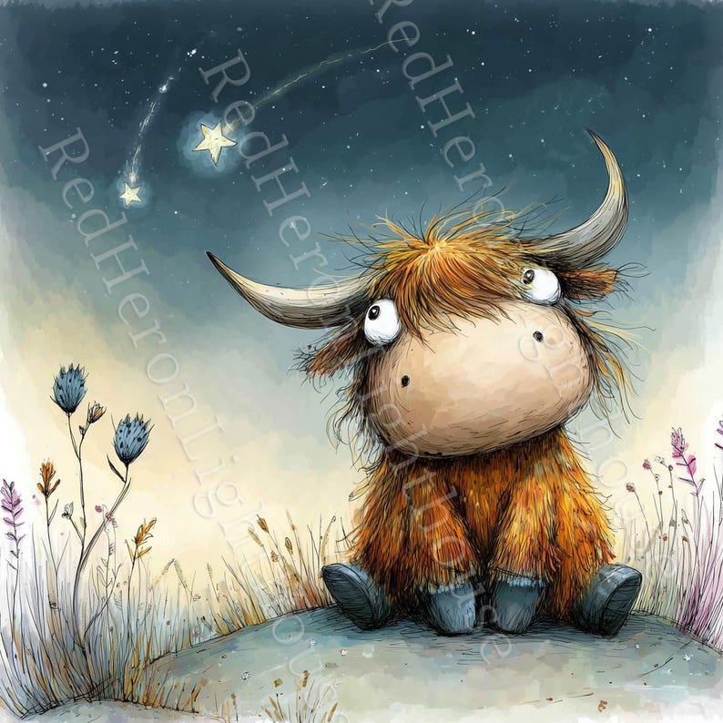 May include: A whimsical watercolor illustration of a Highland cow with large eyes, sitting on a small hill. The cow is brown and orange with large horns, gazing at a starry night sky with shooting stars. Wildflowers and grass are in the foreground.