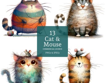 Cat and Mouse Clipart, 13 High Quality Watercolour Quirky Best Friend Pets PNGs/JPGs, Junk Journal, Card Making, Digital Download | BR0207-1