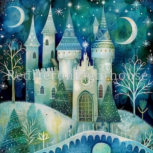 May include: A whimsical illustration of a blue and white castle with a green door, surrounded by trees and a crescent moon in a starry night sky.