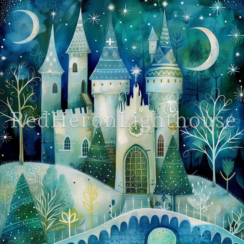 May include: A whimsical illustration of a blue and white castle with a green door, surrounded by trees and a crescent moon in a starry night sky.