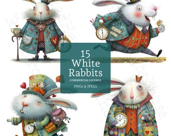 White Rabbit Clipart 15 High Quality Watercolour Alice in Wonderland Whimsical Ephemera PNGs/JPGs Paper/Digital Craft Junk Journal | BR0729