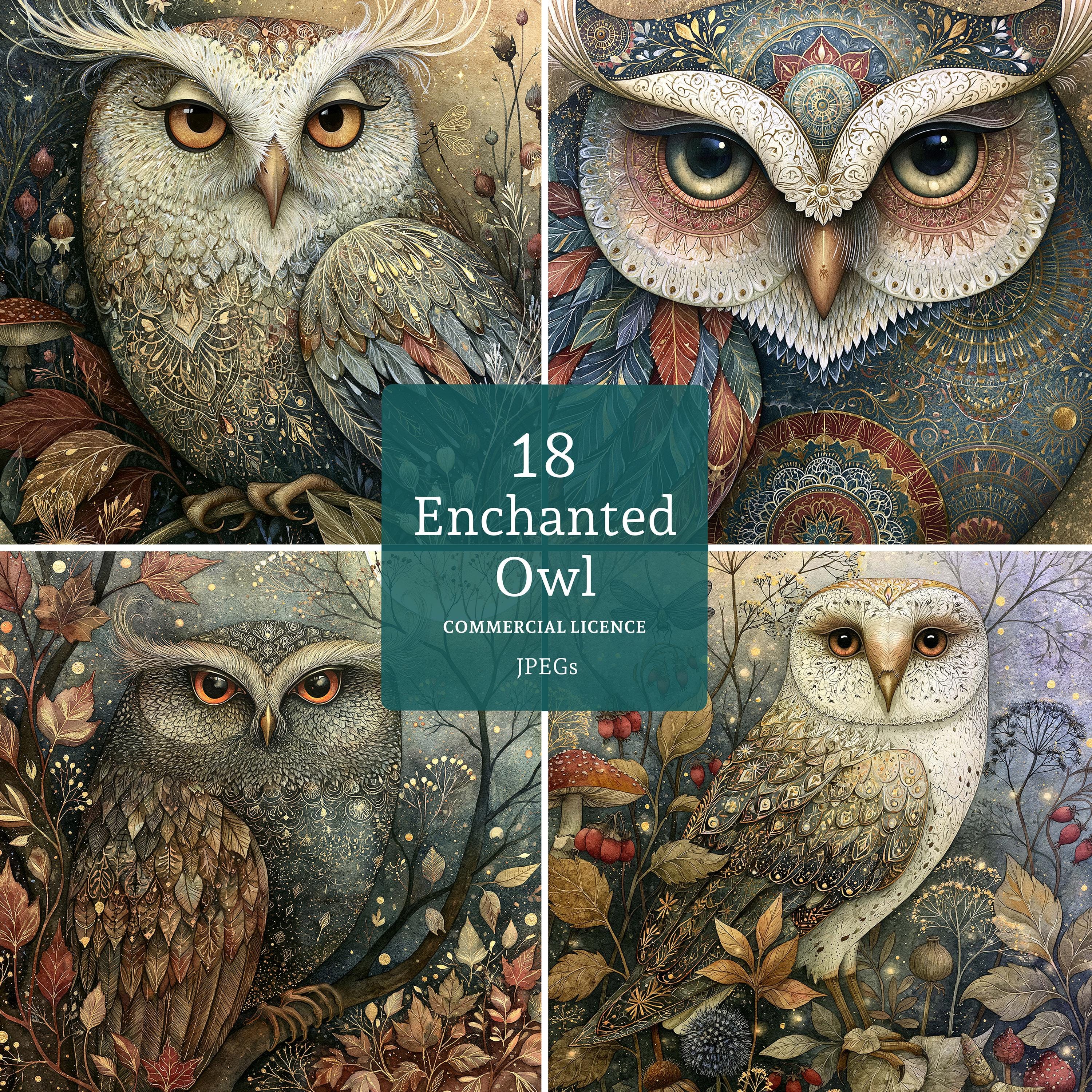 Enchanted Owl Clipart, Folk Art Woodland Bird Graphics, 18 JPGs, Digital Download, Commercial Use, C