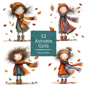 Quirky Autumn Girl Clipart, 12 High Quality PNGs/JPGs Watercolour Fall Girl Clipart, Paper/Digital Craft, Journal, Digital Download | BR0721