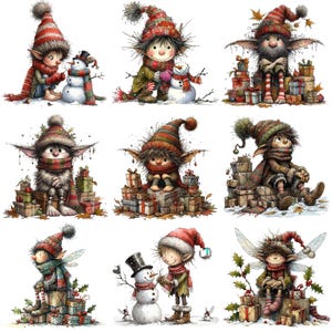 Op de afbeelding: Negen illustraties van kerst-elfen in verschillende poses en met verschillende accessoires. Sommige elfen houden cadeaus vast, andere sneeuwpoppen en sommige dragen hoeden en sjaals. De illustraties zijn gemaakt in een grillige stijl met een aquareleffect.