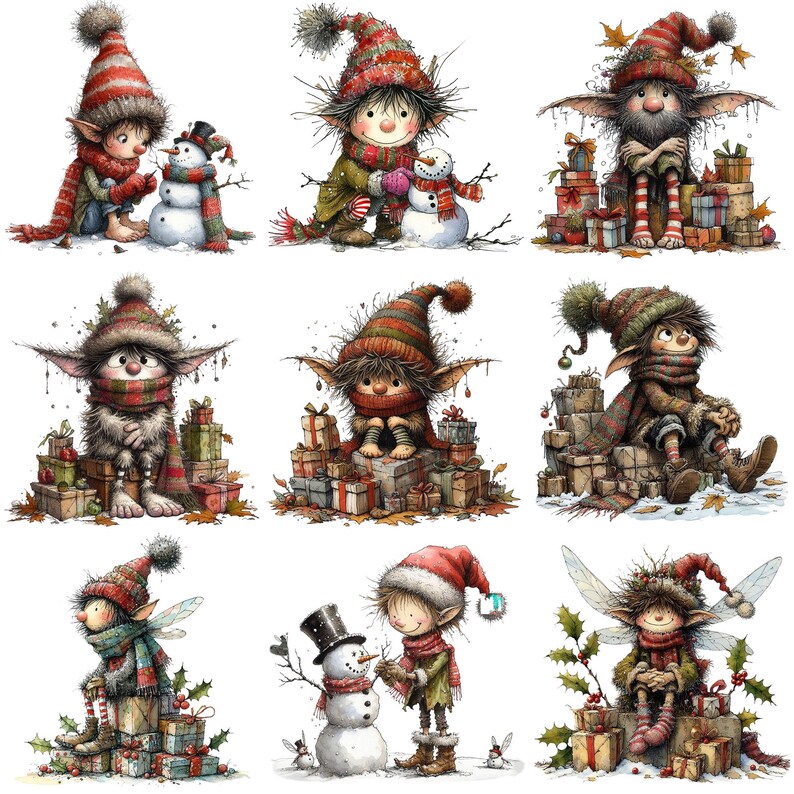 Op de afbeelding: Negen illustraties van kerst-elfen in verschillende poses en met verschillende accessoires. Sommige elfen houden cadeaus vast, andere sneeuwpoppen en sommige dragen hoeden en sjaals. De illustraties zijn gemaakt in een grillige stijl met een aquareleffect.
