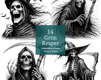 クリアファイル Vintage Gemmy Industries Grim Reaper Grim Reaper Pen & Ink Clipart Set, 14 Pngs/jpgs, Terrifying