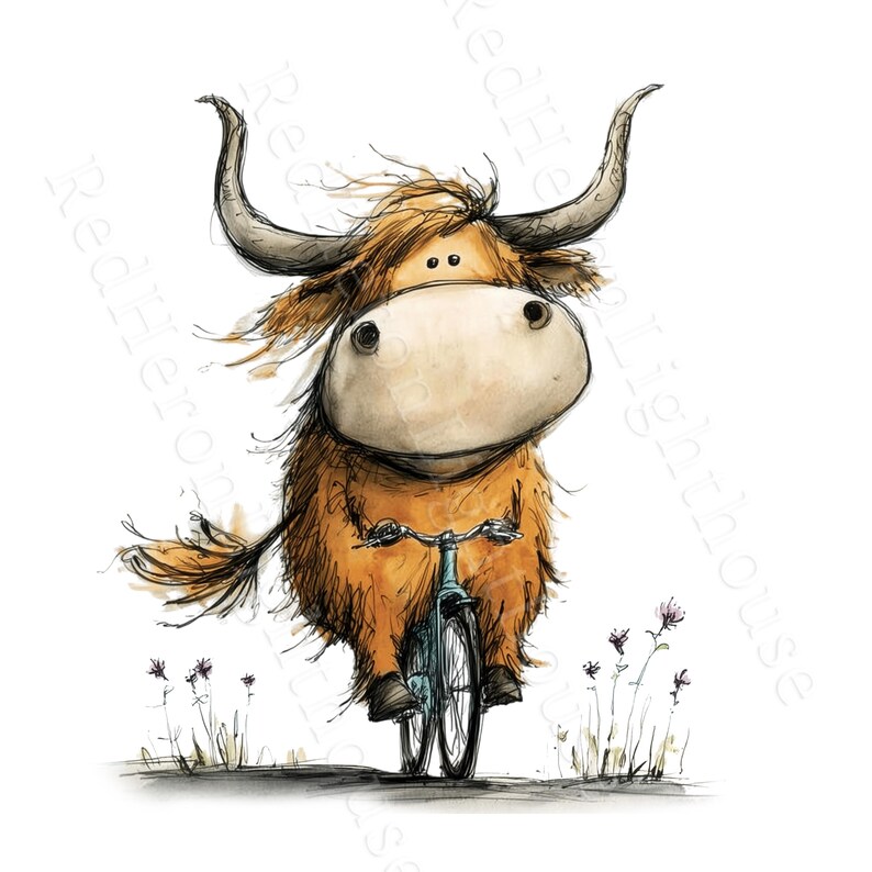May include: A whimsical illustration of a Highland cow riding a blue bicycle. The cow has long, shaggy, orange fur, large horns, and a big, light-colored snout. The bicycle is a classic design, and the scene is set against a white background with simple floral accents.
