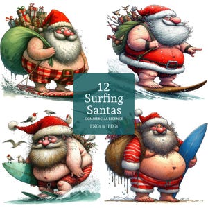 Surfing Santa Clipart, hohe Qualität 12 PNGs / JPGs, lustige Weihnachtsmann, schrullige Weihnachtskarten / Geschenk KOMMERZIELLE NUTZUNG Digitaler Download | AR0930