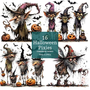 May include: A set of 16 Halloween pixies with commercial license. The pixies are illustrated in a cartoon style with green, purple, and red hats. They are holding pumpkins, a bucket, and other Halloween-themed items.