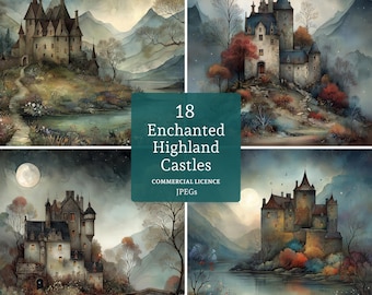 May include: A digital art print featuring four watercolor paintings of enchanted highland castles. Each castle is set in a misty landscape with mountains, trees, and a moon. The text "18 Enchanted Highland Castles" is displayed.