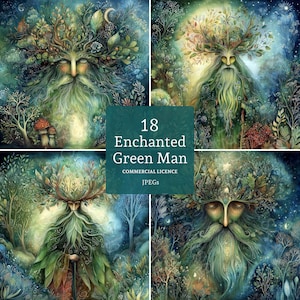 Peut inclure: Quatre illustrations à l'aquarelle du Green Man, une figure mythique. Chaque image représente le Green Man avec une barbe et une couronne de feuilles, sur fond de forêts et d'éléments célestes. Le texte "18 Enchanted Green Man" est visible dans un carré turquoise.