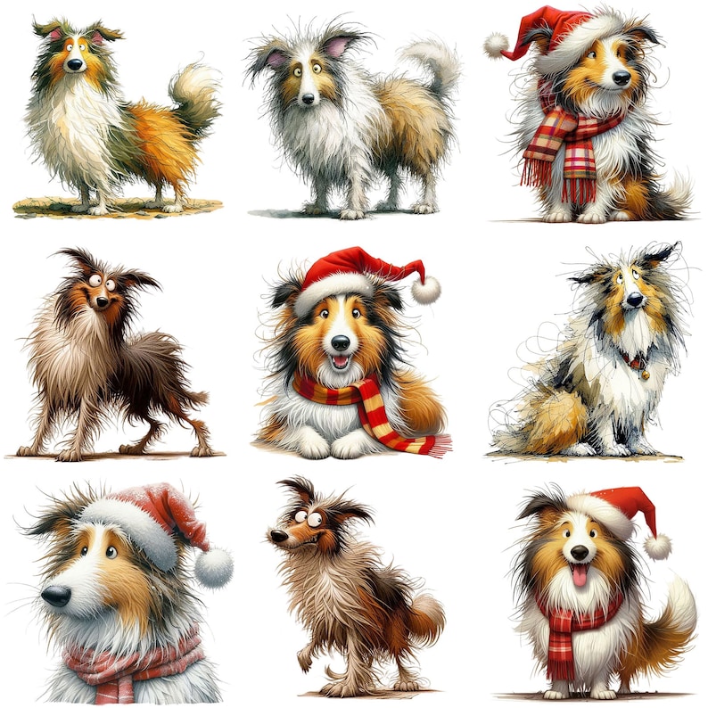 Rough Collie Clipart 20 PNGs/JPGs, Caricature Dog Art, Christmas Pet Images, Funny Animal Clipart COMMERCIAL USE Digital Download | AR1010-2 image 3
