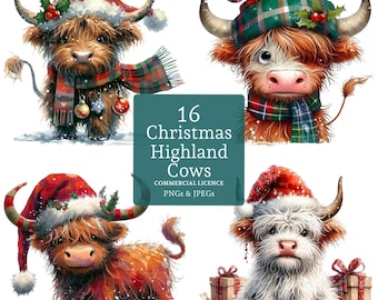 May include: A set of 16 digital illustrations of Highland cows wearing Santa hats and scarves. The cows are in various poses and have different expressions. The illustrations are perfect for use in holiday crafts, scrapbooking, and other creative projects. 16 Christmas Highland Cows. Commercial Licence. PNGs & JPEGs.