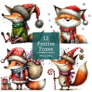 Clipart de renard de Noël, 12 images de renard fantaisistes de haute qualité PNGs/JPG, création numérique et papier de vacances d'hiver, UTILISATION COMMERCIALE | AR1003-2
