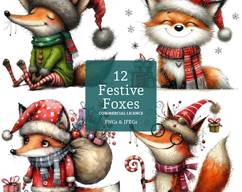 May include: A collection of 12 festive fox illustrations, each wearing holiday attire such as Santa hats and scarves. The foxes are depicted in various poses, some holding gifts or candy canes. The image includes the text "12 Festive Foxes" and "Commercial Licence PNGs & JPEGs."