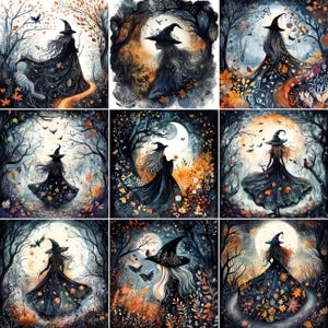 May include: A collection of nine digital art prints featuring a witch in a black dress and hat, set in a mystical forest with a full moon. The artwork has a dark, autumnal color palette with orange, brown, and blue hues, and includes bats and falling leaves.