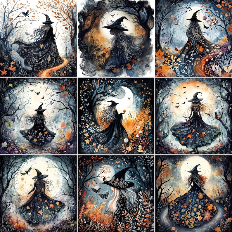 May include: A collection of nine digital art prints featuring a witch in a black dress and hat, set in a mystical forest with a full moon. The artwork has a dark, autumnal color palette with orange, brown, and blue hues, and includes bats and falling leaves.