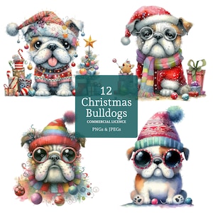 Weihnachts Bulldogge Clipart, 12 hochwertige PNGs / JPGs, Aquarell Karikatur Hunderasse Clipart für Urlaub Handwerk, KOMMERZIELLE NUTZUNG | BR0521-1