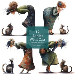 Lady with Cat-clipart, 12 hoge kwaliteit png-/jpg-bestanden, eigenzinnige vrouw clipart, kaarten maken, digitaal/papercraft, dagboek, COMMERCIEEL GEBRUIK | BR0506