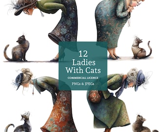 Lady With Cat Clipart, 12 High Quality PNGs/JPGs, Quirky Woman Clipart, Card Making, Digital/Paper Craft, Journal, COMMERCIAL USE | BR0506