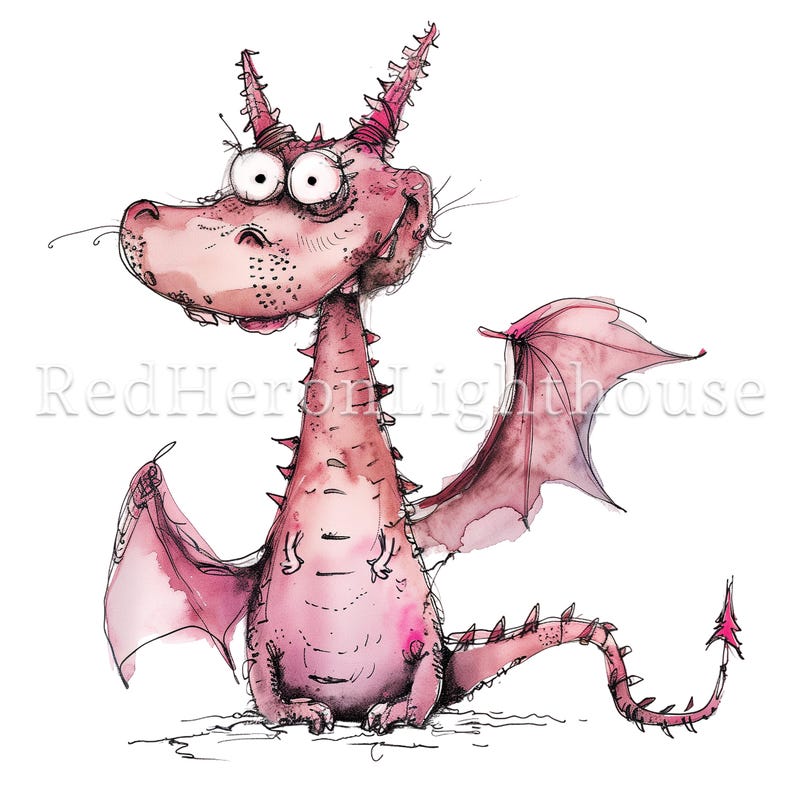 May include: A cartoon pink dragon with large eyes and a toothy grin. The dragon has a spiky tail and large wings. The dragon is drawn in a whimsical style with watercolor and ink.