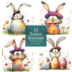 Eigenzinnige paashaas clipart, 12 hoge kwaliteit png's/jpg's, aquarel grillige paasei konijnen, papier/digitaal, COMMERCIEEL GEBRUIK | BR0409-1