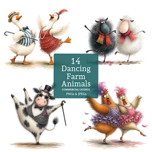 Puede incluir: Ilustración caprichosa de 14 animales de granja bailando, incluyendo gansos, ovejas, gallinas y una vaca, todos vestidos con atuendos festivos. El texto "14 Dancing Farm Animals" se muestra en un cuadrado turquesa.