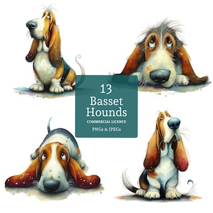 Basset Hound Clipart, 13 High Quality PNGs/JPGs, Watercolour Quirky Dog Clipart, Card Making, Paper/Digital Craft, COMMERCIAL USE | BR0428