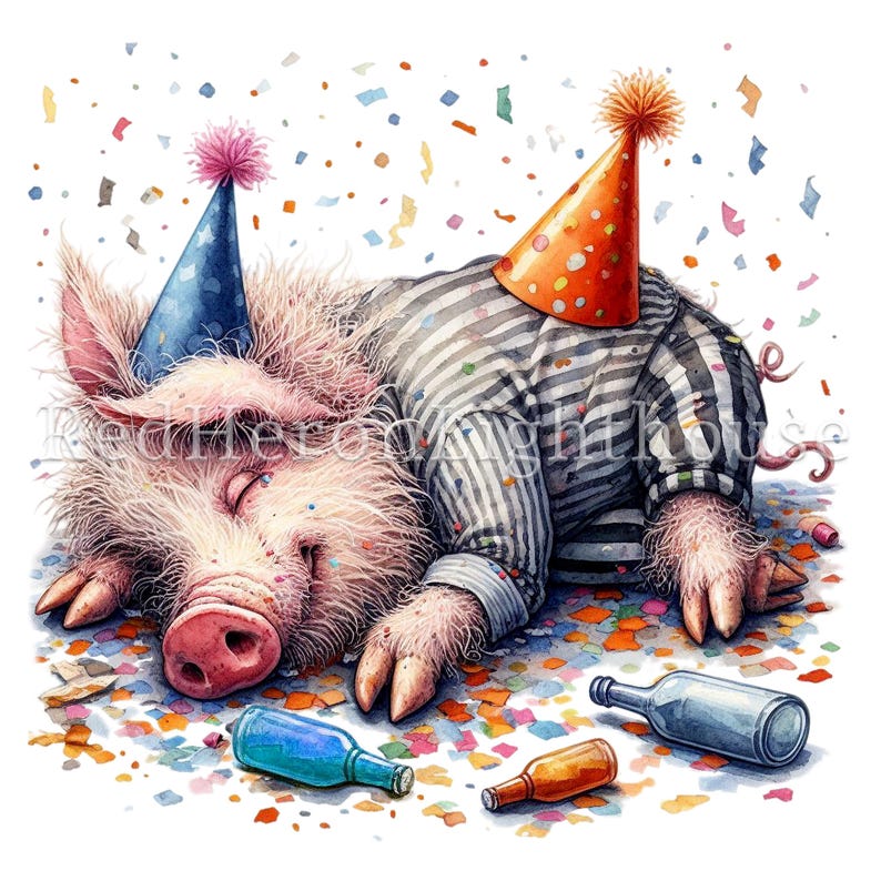 Puede incluir: Un cerdo rosa con una camisa a rayas y un gorro de fiesta azul est&aacute; inconsciente sobre un fondo blanco rodeado de confeti y botellas vac&iacute;as.