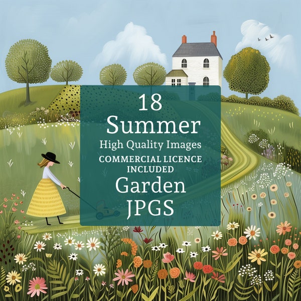 Women In Summer Garden Clipart, 18 High Quality Designs, Naïve Folk Art 18 JPGs, Wall Art, Crafting COMMERCIAL USE Digital Download | AR0424