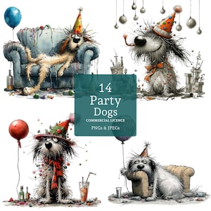 Clipartset grappige feesthond, 14 png-/jpg-bestanden, eigenzinnig opgehangen over honden, cartoon dronken dier, nieuwjaarskunst, papier/digitaal COMMERCIEEL GEBRUIK | AR1030
