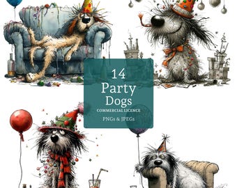 Funny Party Dog Clipart Set, 14 PNGs/JPGs, Quirky Hung Over Dogs, Cartoon Drunk Animal, New Year Art, Paper/Digital COMMERCIAL USE | AR1030