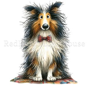 May include: A watercolor illustration of a fluffy dog with brown, black, and white fur, wearing a red plaid bow tie. The dog is sitting on a patterned rug, with a friendly expression. The image has a whimsical, cartoonish style.