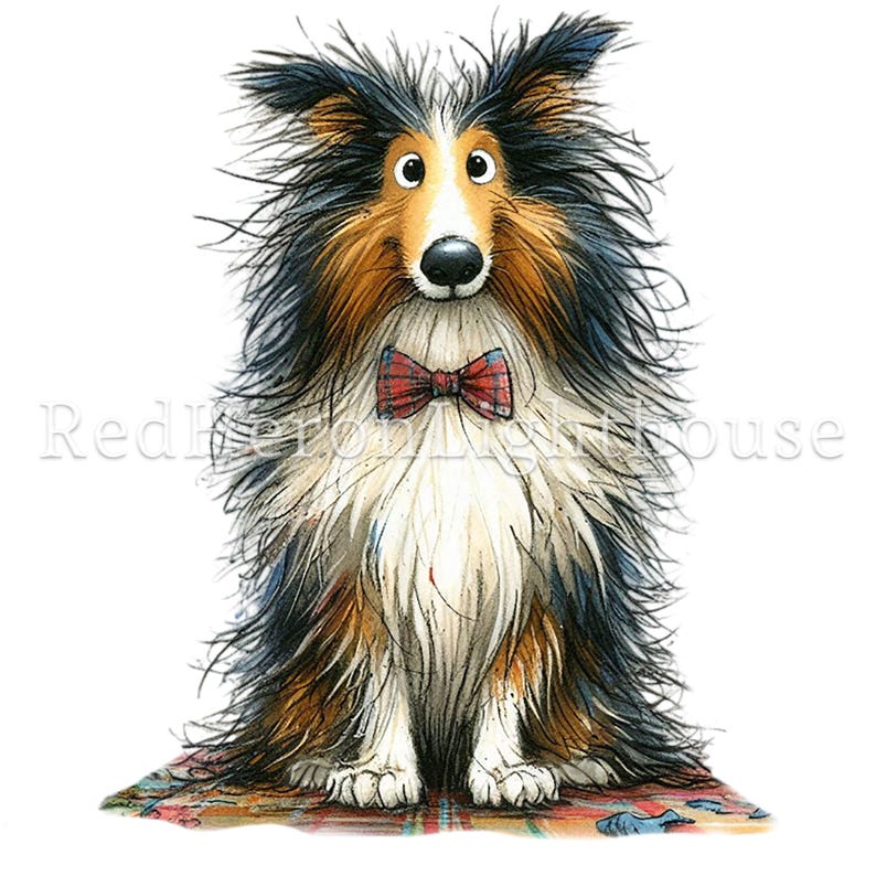 May include: A watercolor illustration of a fluffy dog with brown, black, and white fur, wearing a red plaid bow tie. The dog is sitting on a patterned rug, with a friendly expression. The image has a whimsical, cartoonish style.