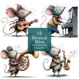 Imágenes prediseñadas de ratones musicales, 18 PNG/JPG de alta calidad, imágenes de ratones extravagantes, imágenes prediseñadas de animales extravagantes, manualidades para amantes de la música USO COMERCIAL / AR1016