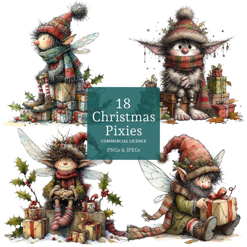 Op de afbeelding: Vier kerstkabouters met vleugels, die rode en witte mutsen, sjaals en truien dragen, cadeaus vasthouden en op stapels cadeaus staan. De afbeelding bevat de tekst "18 Christmas Pixies Commercial Licence PNGs & JPEGs".