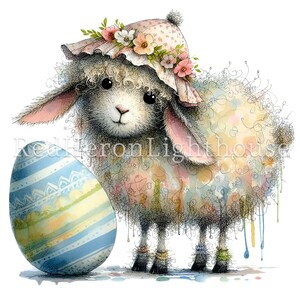 May include: A fluffy white lamb wearing a pink and white floral hat and a flower crown, standing next to a blue and yellow striped Easter egg.